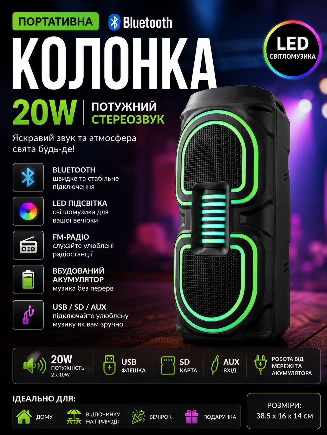 Портативна колонка з мікрофоном, пультом і RGB підсвічуванням